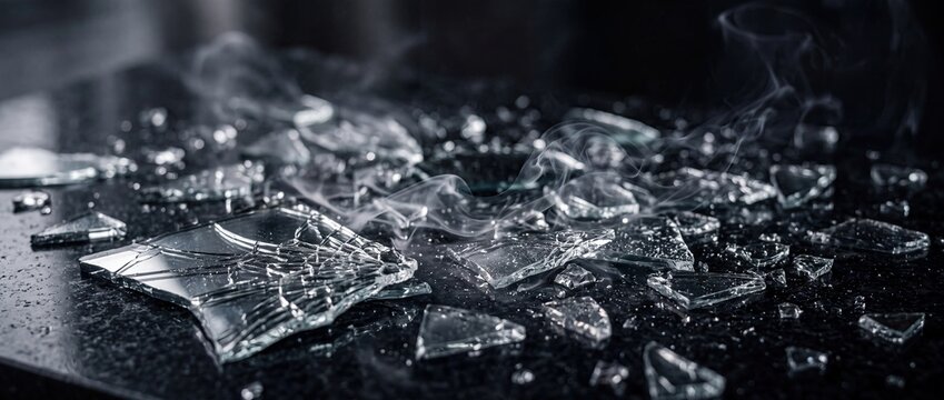 Broken Mirror Fragments with Rising Smoke Symbolizing Crisis and Damage