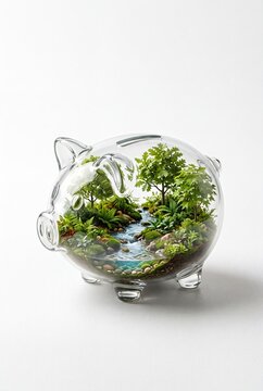 Sustainable Wealth and Green Investment Concept Inside Glass Piggy Bank