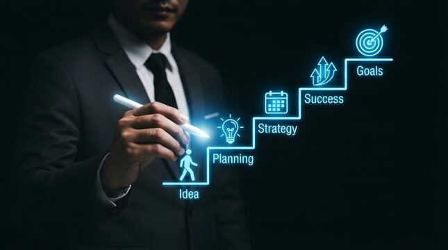 Business professional drawing glowing steps to success with light pen and digital strategy concepts
