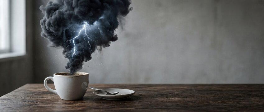 Stress and Anxiety Overload Concept with Storm Cloud in Coffee Cup