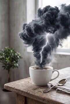 Stress and Anxiety Overload Concept with Storm Cloud in Coffee Cup