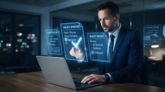 Business professional reviewing holographic project plan and budget report while working on laptop