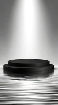 A minimalist black circular podium sits on a rippling, reflective surface, illuminated from above by a dramatic white spotlight, creating a sleek, premium stage for centered product displays.