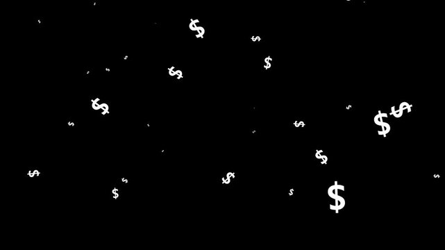 white usd currency explosion 4k, realistic dollar sign particles bursting and floating, wealth money overlay animation on black background. alpha channel seamless loop