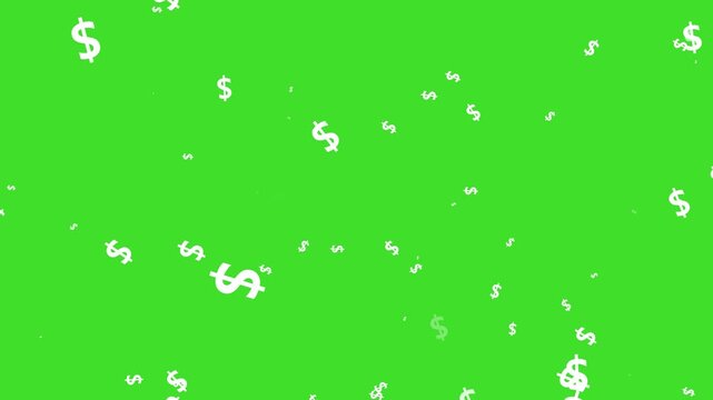 luxury usd currency icon explosion overlay 4k, dollar signs particles flying and bursting, rich money rain effect on green background, alpha channel seamless loop