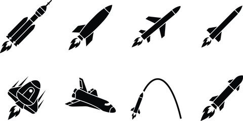 Set of flying rocket silhouettes including military missiles space shuttles and trajectory flight path icons © MdMonowar
