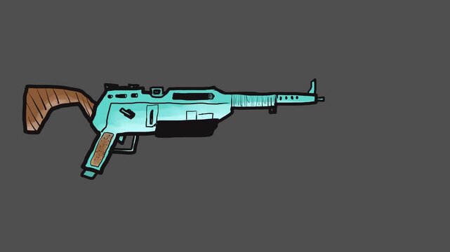 A toy painted machine gun or firearm on orbeez fires shots. The gun has a simulated strong recoil.