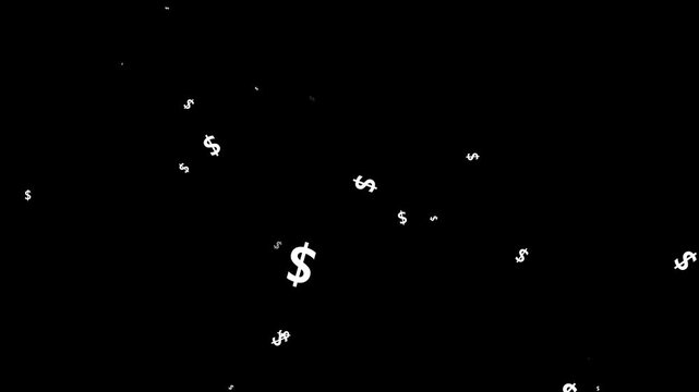 white usd currency explosion 4k, realistic dollar sign particles bursting and floating, wealth money overlay animation on black background. alpha channel seamless loop