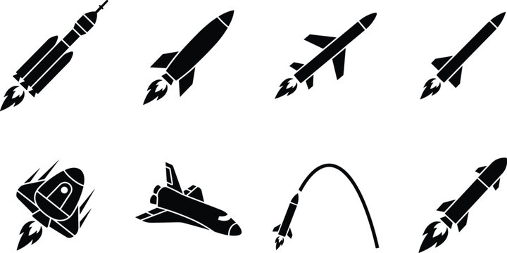 Set of flying rocket silhouettes including military missiles space shuttles and trajectory flight path icons