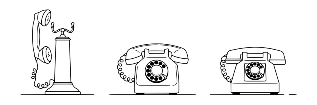 Three Vintage Telephones in a Row Each with a Rotary Dial Design Featuring Telephone, Retro, Communication with Technology