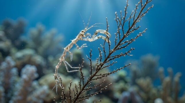Skeleton shrimp perched on a hydroid colony in clear blue tropical ocean