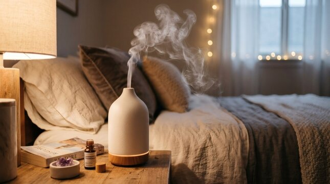 Essential Oil Diffuser Emitting Mist on Nightstand in Cozy Bedroom