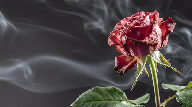 A wilting red rose with wisps of smoke curling around its petals and stem