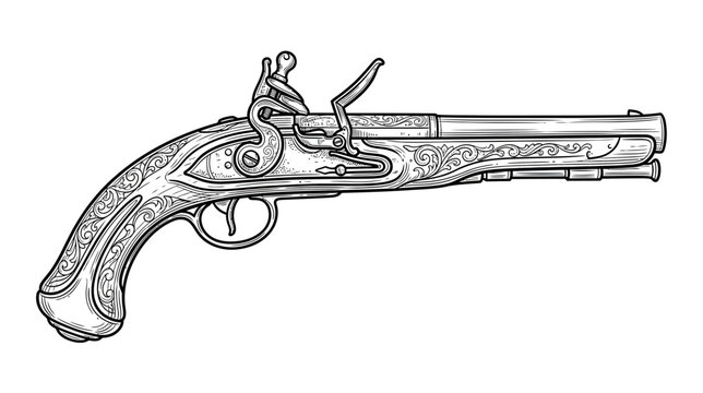 Antique Flintlock Pistol Illustration - Vintage Weapon