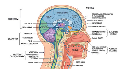 Human Brain Anatomy Diagram: Sagittal Section with Labeled Parts © bagas