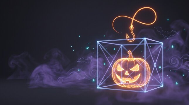 Digital halloween pumpkin trapped inside a glowing wireframe cube with a hook concept for cyber security and data privacy risks during the holiday season celebration