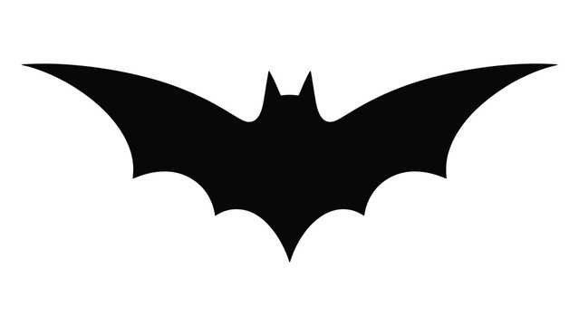 minimalist black silhouette bat icon with outstretched wings, pointed tips and central head shape, stylized vector illustration symbolizing wildlife, halloween, night and nature design
