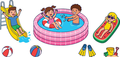 Kids, swimming, pool, summer, party, collection, vector, illustration, set © MSTRUBINA