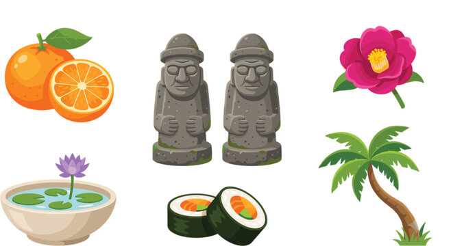 Jeju island travel elements set with dol hareubang statue