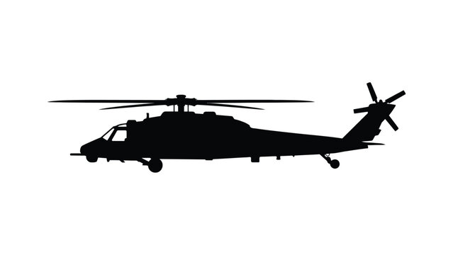 minimalist black silhouette helicopter icon in side profile with main rotor, tail rotor, streamlined fuselage and landing gear, stylized vector illustration symbolizing aviation, transport and flight 