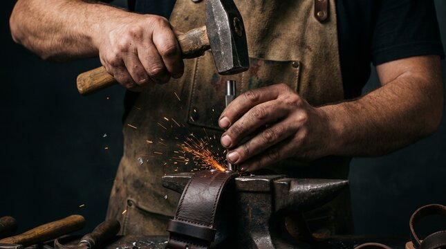 Craftsman working on leather belt with hammer and punch on anvil with flying sparks