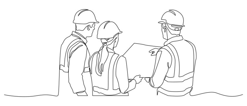 A continuous single line drawing depicting a construction engineer reviewing blueprints at a project site. Ideal for architecture, engineering, teamwork, planning, and construction projects.