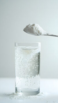 Effervescent powder falls from a silver spoon into a glass of water, illustrating a pharmaceutical or health supplement preparation process with a clean, light aesthetic.
