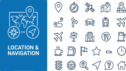 Various linear icons illustrating location and navigation themes, such as a world map with a pin, compass, travel. © Irfan Creatives
