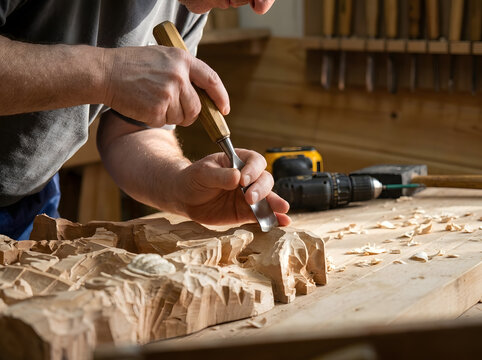 Professional Wood Carver Crafting Detail with Chisel | Traditional Woodworking and Relief Carving Techniques | Handmade Wood Sculpting Art in Carpentry Workshop | Woodworker Creating Intricate Art