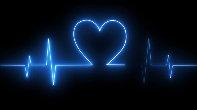 Neon blue ECG Heartbeat Line Animation on Black Background, Glowing Heart Pulse Monitor Motion Graphics in After Effects, Seamless 4K Loop for Medical Technology Videos