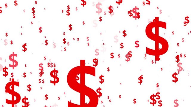 Red usd currency icon explosion overlay 4k, realistic dollar signs particles bursting and falling, luxury money rain animation on white background, sparkling wealth effect, alpha channel seamless loop
