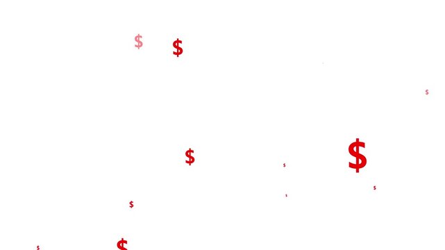 Red usd currency icon explosion overlay 4k, realistic dollar signs particles bursting and falling, luxury money rain animation on white background, sparkling wealth effect, alpha channel seamless loop