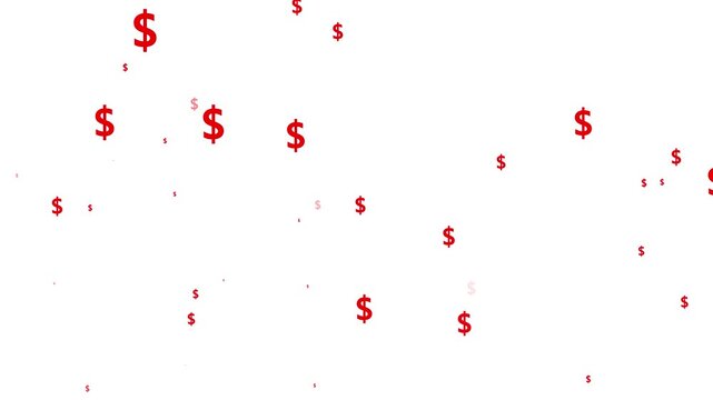 Red usd currency icon explosion overlay 4k, realistic dollar signs particles bursting and falling, luxury money rain animation on white background, sparkling wealth effect, alpha channel seamless loop
