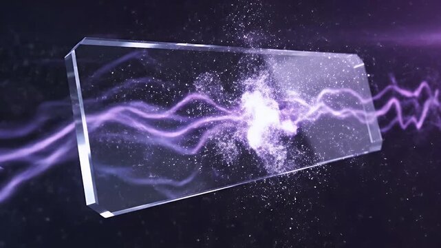 Crystalline energy core pulses with purple lightning and particle effects