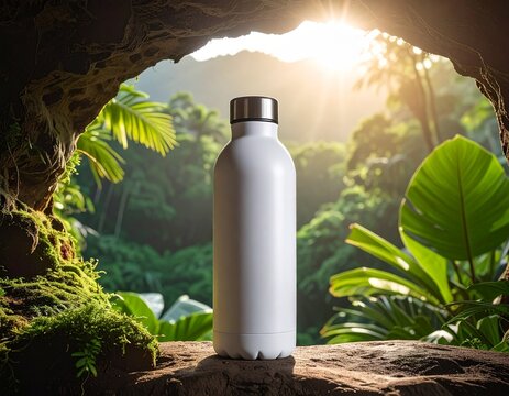 Sleek white insulated beverage container mockup stationed in a cavern frame looking out towards a beautiful misty tropical paradise