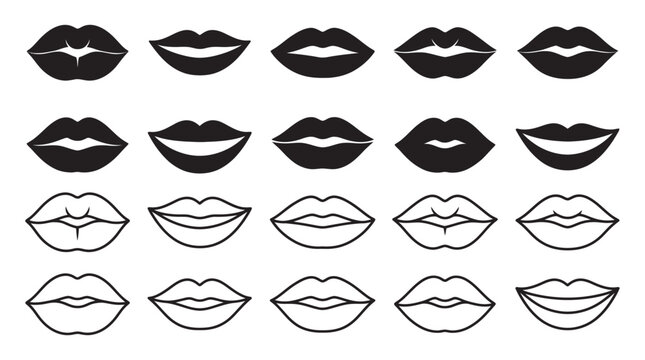 Collection Of Lip Silhouettes In Various Expressions Black And White Silhouette