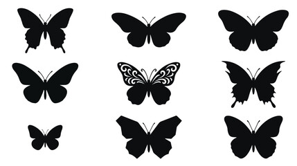 Black Butterfly Silhouettes Collection, Elegant Insect Vector Icons, Delicate Winged Creatures, Nature Motifs for Design © Sidra