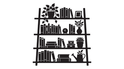 Fototapeta premium Bookshelf With Books And Plants Black Silhouette