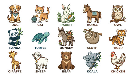 Fototapeta premium Cute Cartoon Animals Set: Dog, Cat, Rabbit, Horse, Owl, Panda, Turtle, Donkey, Sloth, Tiger, Giraffe, Sheep, Bear, Koala, Chicken