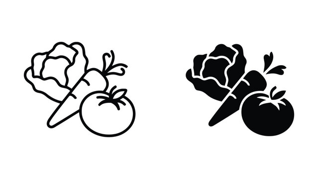 Vegetable including carrot, tomato, and cabbage black and white