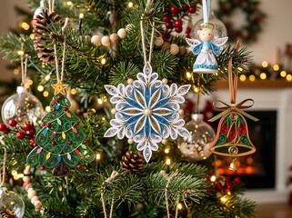 Obraz premium Quilled paper christmas tree and snowflake ornaments hanging on evergreen branches with warm bokeh lighting.
