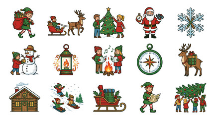 Fototapeta premium Colorful Hand-drawn Christmas and Winter Holiday Illustrations Set with Festive Characters and Elements