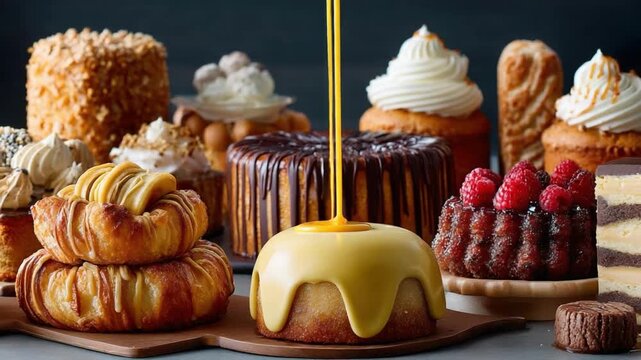 Assortment of Delicious Baked Goods: A tempting display of various cakes, pastries, and desserts, artfully arranged, with a cascade of golden glaze pouring over a central cake.