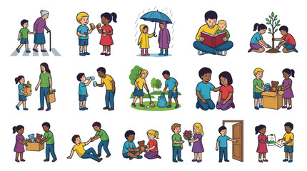 Fototapeta premium Children's kindness and helpfulness illustrations, vector art