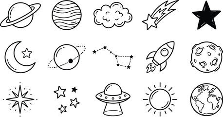 Outer Space Galaxy Astronomy Hand Drawn Doodle Vector Icon Collection © MSTRUBINA