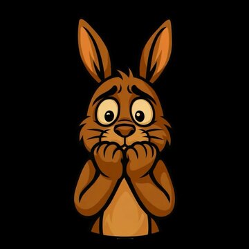 Scared brown rabbit biting nails with anxious face cartoon mascot without background
