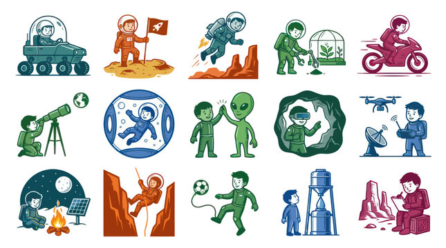 Space Exploration Astronauts and Futuristic Technology Flat Vector Illustration Set