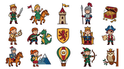 Fototapeta premium Fantasy Adventure Cartoon Flat Vector Icon Set for Kids: Medieval Characters, Fairy Tale Elements Explorers