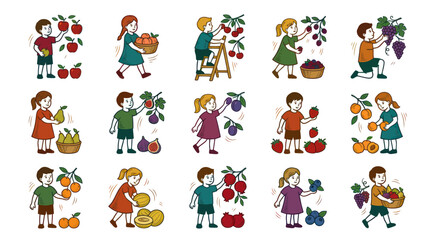 Fototapeta premium Children Harvesting Diverse Fruits and Berries, Flat Cartoon Illustration