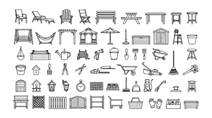 庭園と屋外空間のための家具、道具、装飾品を含む、ミニマルな線画スタイルのガーデンアイコンセット。ベクターイラスト。 © Aralan